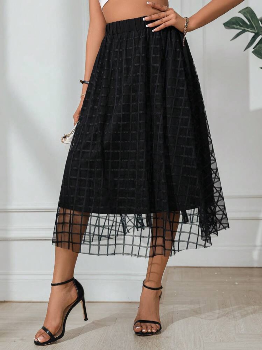 SHEIN Black Grid Sheer Midi Skirt